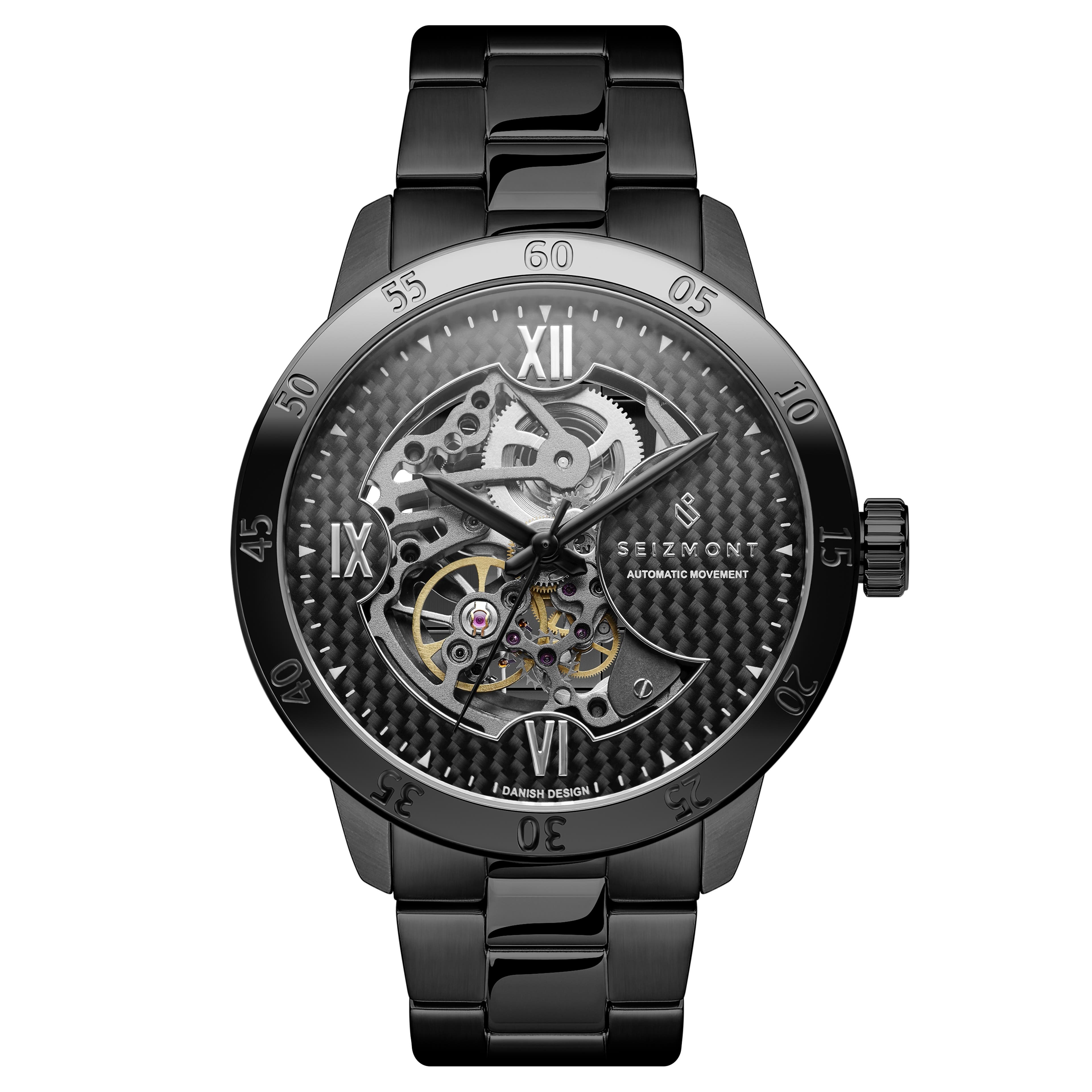 Dante II | Relógio Esqueleto Preto com Mostrador em Fibra de Carbono