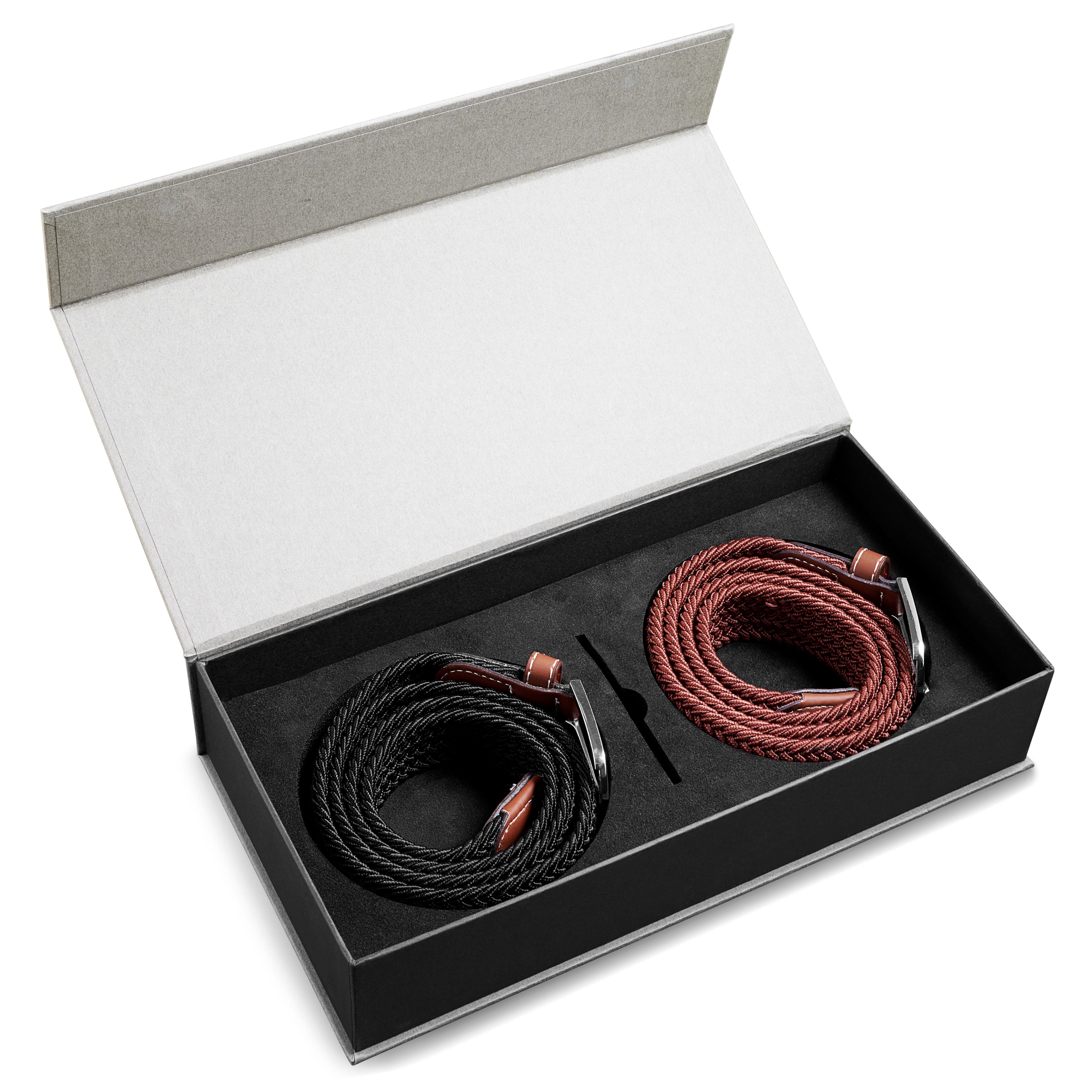 Základná darčeková krabička pre mužov | Hnedý a čierny elastický opasok