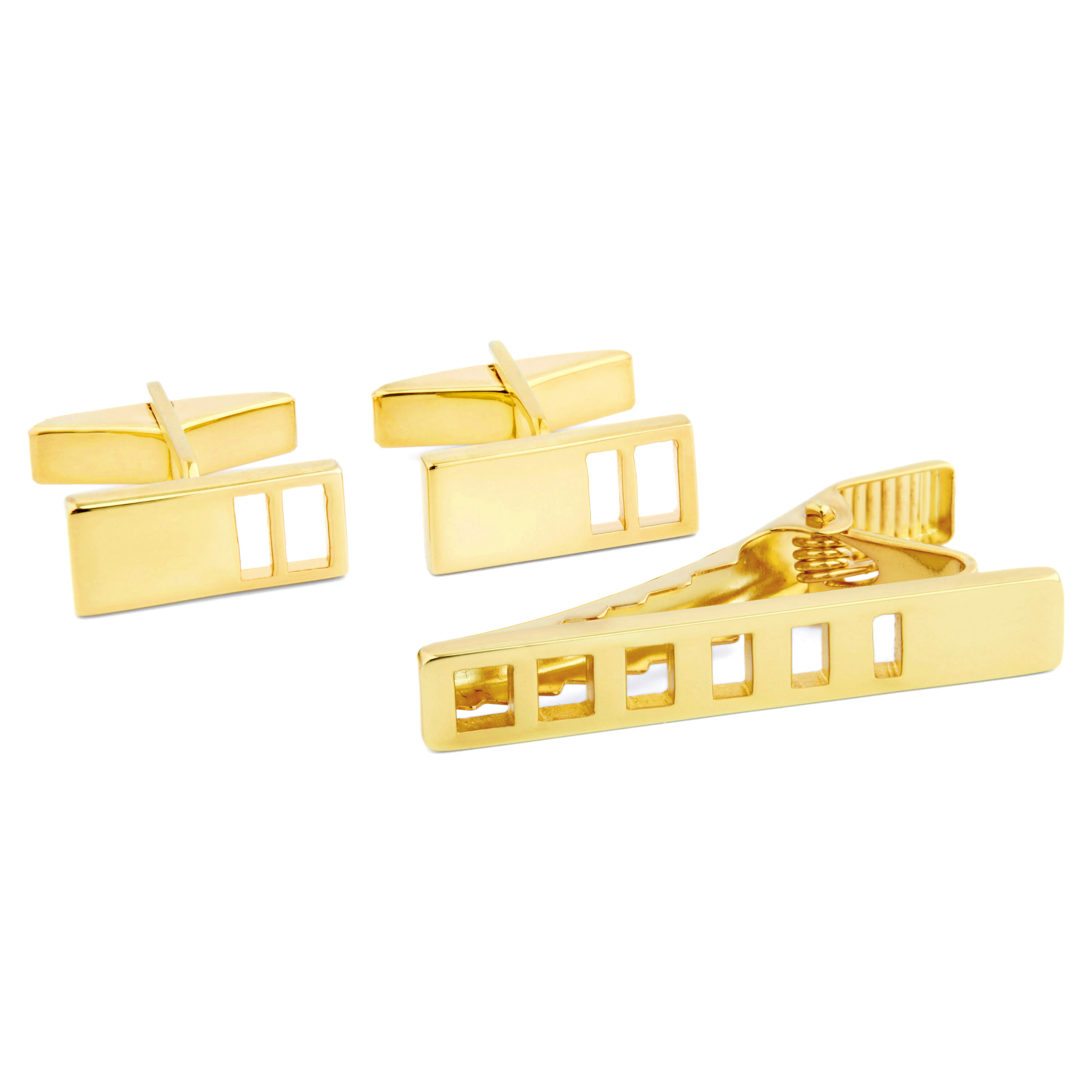 925er Gold Kurze Krawattenklammer & Manschettenknöpfe Set Mit Abgestuften Aussparungen - 1