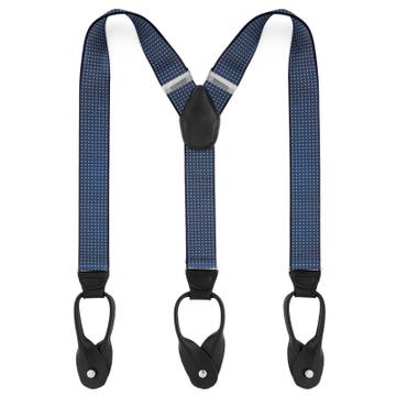 Wide Navy Blue & White Polka Dot Split Button Suspenders Wide Navy Blue & White Polka Dot Split Button Suspenders