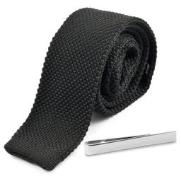 Black Knitted Necktie and Silver-Tone Tie Bar Set