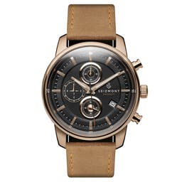 Parva | Rose Gold-Tone Chronograph Watch With Black Dial & Light Brown Leather Strap