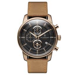 Parva | Rose Gold-Tone Chronograph Watch With Black Dial & Light Brown Leather Strap