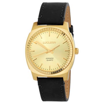 Major | Gold-Tone Minimalist Watch With Gold-Tone Dial & Black Leather Strap