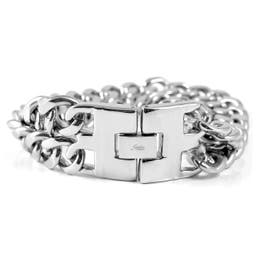 Heavy Silver-Tone Stainless Steel Double Chain Bracelet