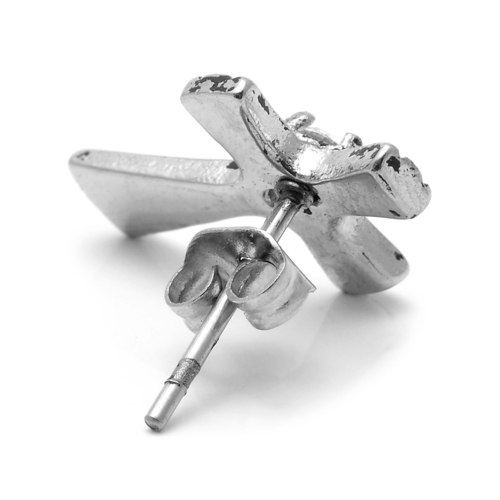 Sentio | Orecchino a bottone con croce reale in acciaio inossidabile color argento e zirconia - 3