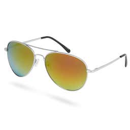 Silver-Tone & Orange Aviator Sunglasses
