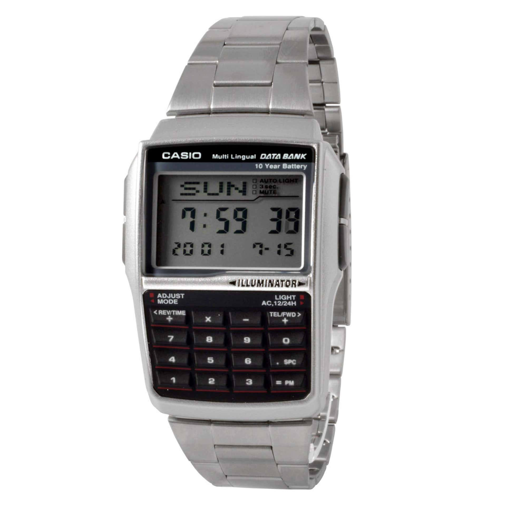 Casio men's silver tone 25 memory calculator databank watch Clearance