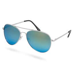 Silberfarbene Pilotenbrille Mit Türkisfarbenen Verspiegelten Sonnenbrillengläsern