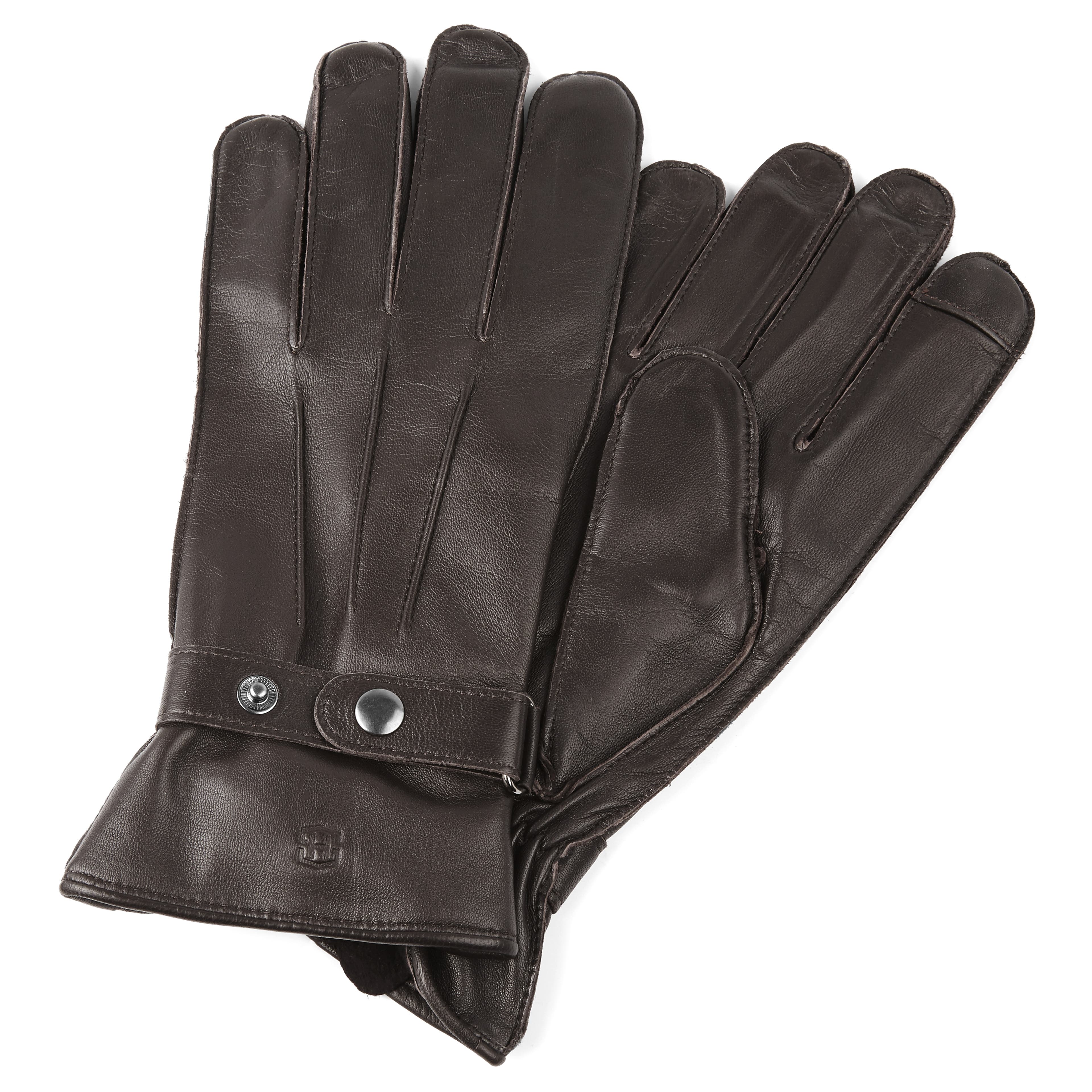 Strapped Dark Brown Touchscreen Compatible Sheep Leather Gloves