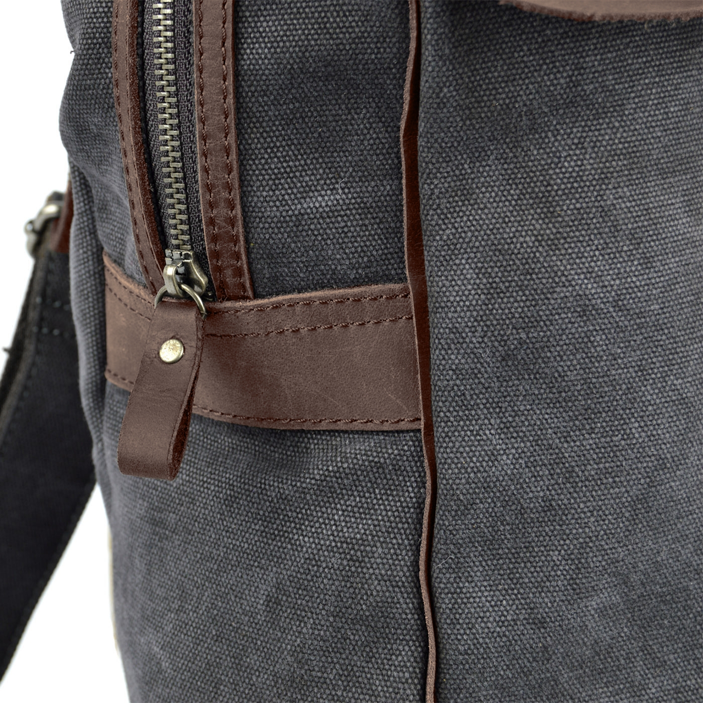 Retro-Rucksack aus grauem Canvas und dunklem Leder - 10