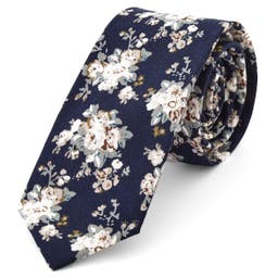 Navy Blue & White Floral Pattern Cotton Tie