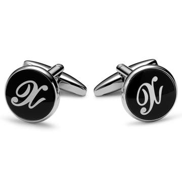 Round Silver-tone and Black Initial X Cufflinks