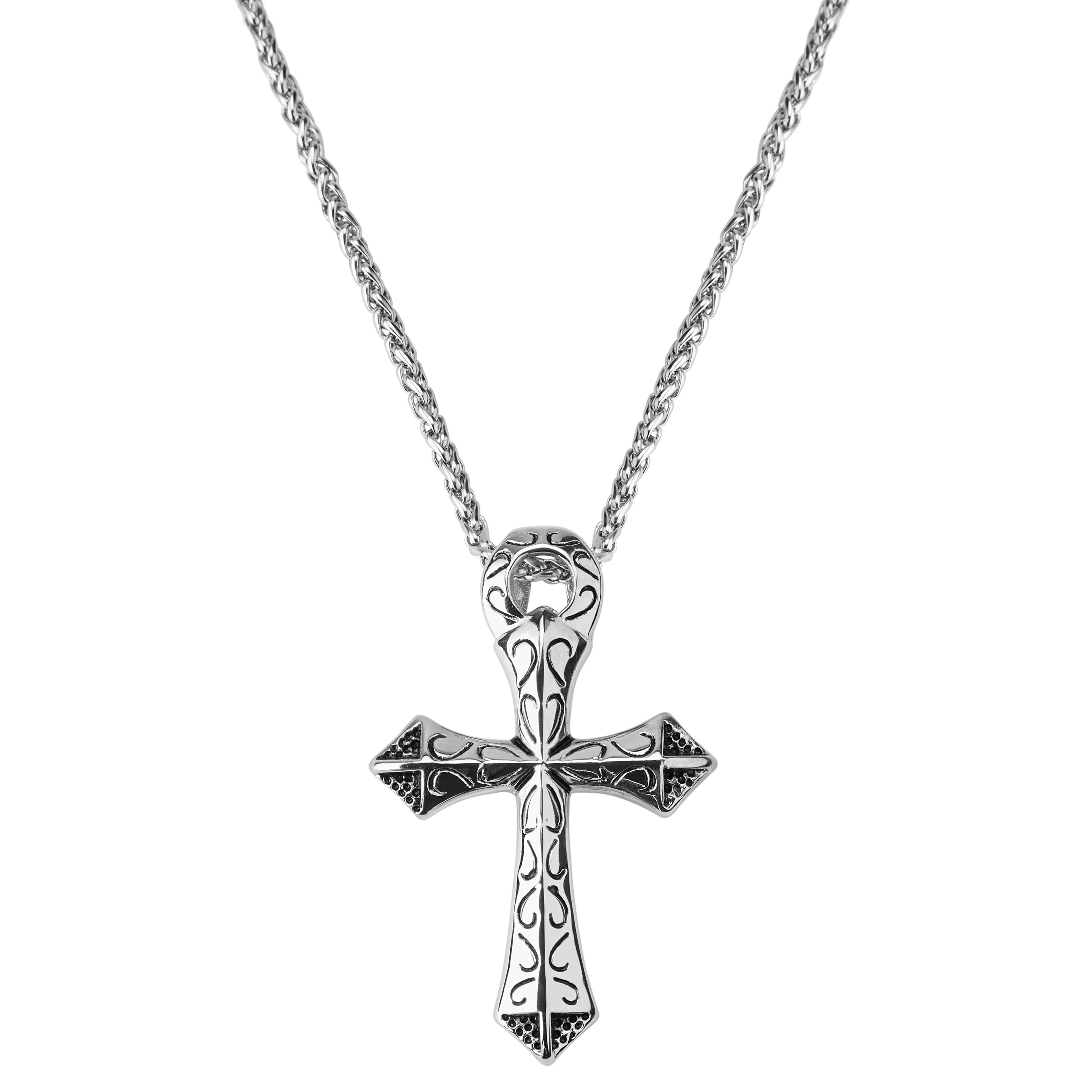 Silver-Tone Stainless Steel Crusader Cross Curb Chain Necklace