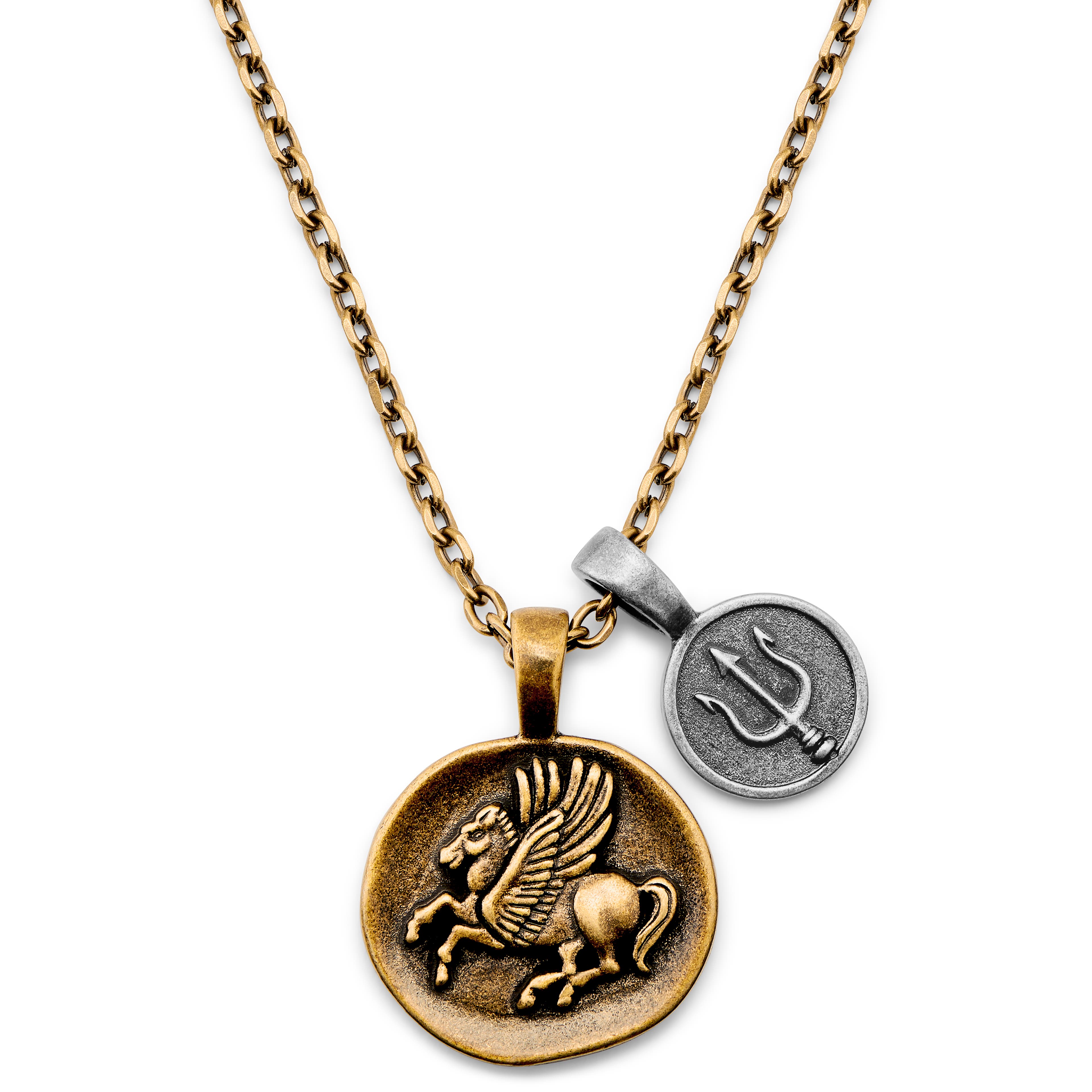 Obelius | Vintage Gold-Tone Pegasus & Silver-Tone Atlantis Trident Cable Chain Necklace