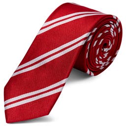 Corbata de 6 cm de seda roja con rayas dobles plateadas