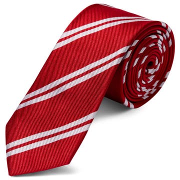 Cravate en soie rouge à rayures argentées