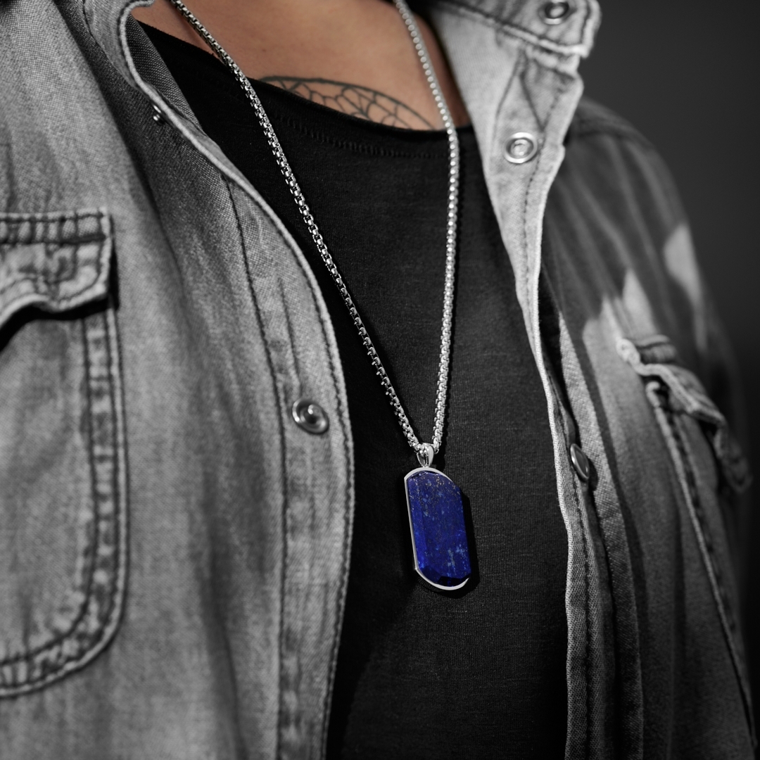 Orisun | Silverfärgat Halsband i Rostfritt Stål med Lapis Lazuli ID-bricka - 2