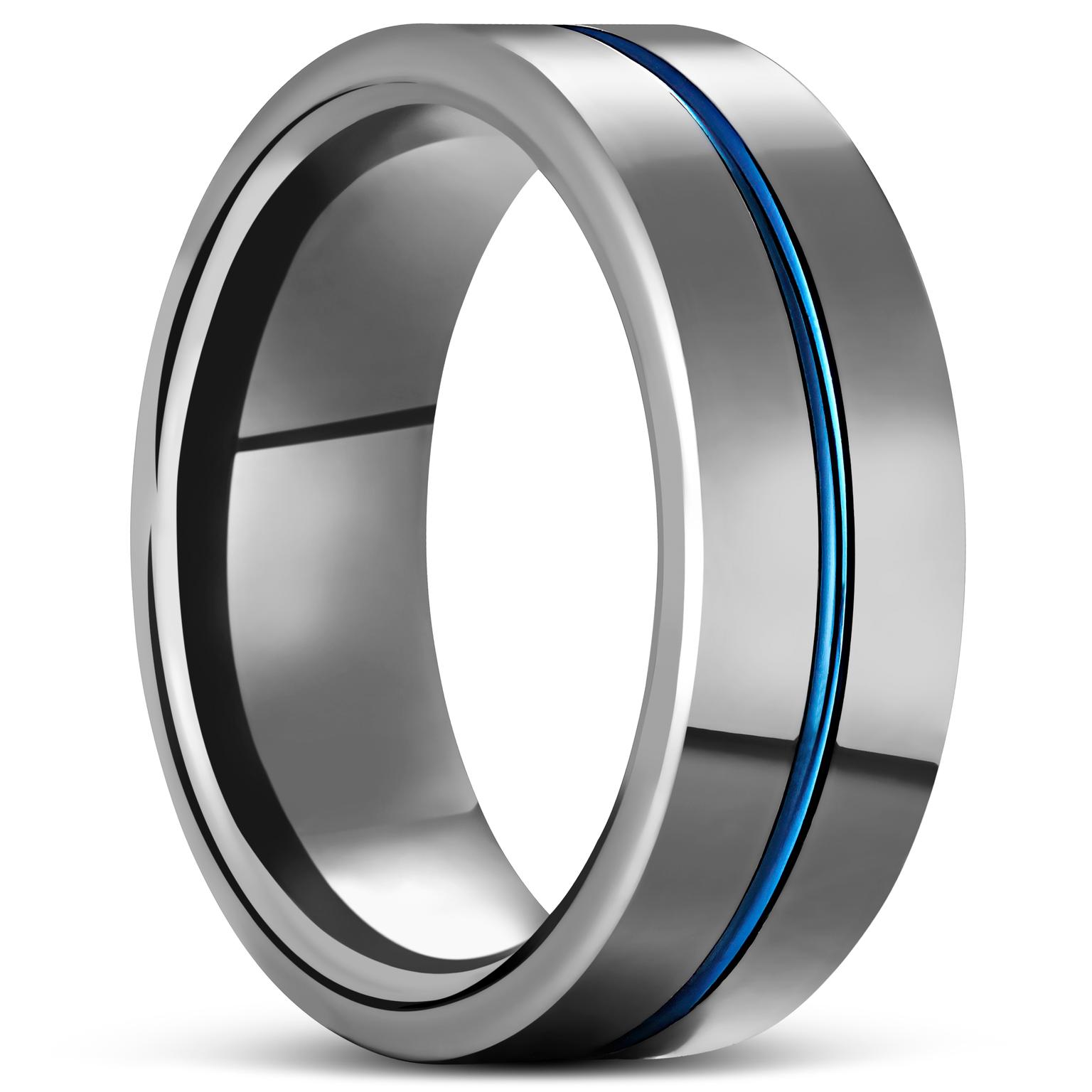 Terra | Bague en carbure de tungstène avec rainures bleues et argentées 8 mm Terra | Bague en carbure de tungstène avec rainures bleues et argentées 8 mm