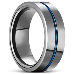 Terra | 8 mm Sølvtonet Ring av Tungsten med Blå Rille