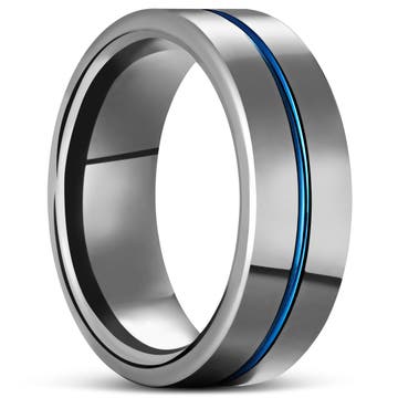 Terra | 8 mm Blauw Gegroefde Zilverkleurige Wolfraam Ring