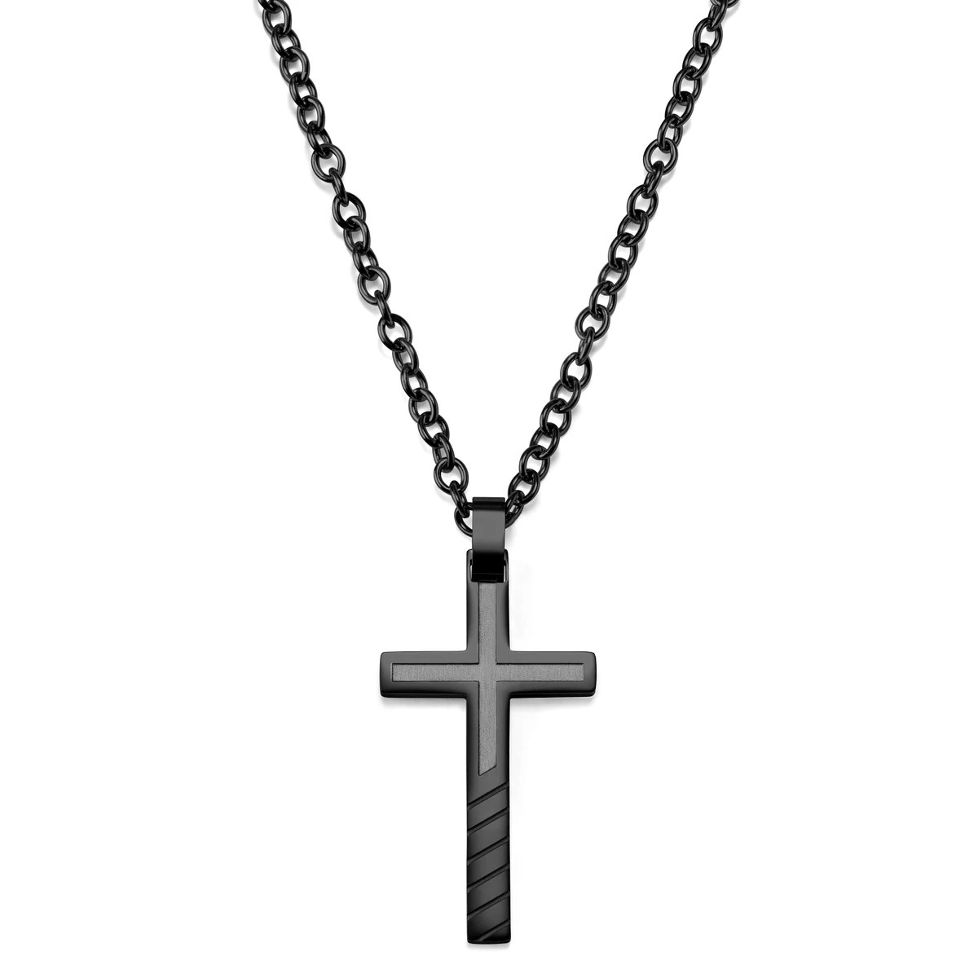 Náhrdelník s krížom s priečnymi pruhmi z nehrdzavejúcej ocele v čiernej farbe