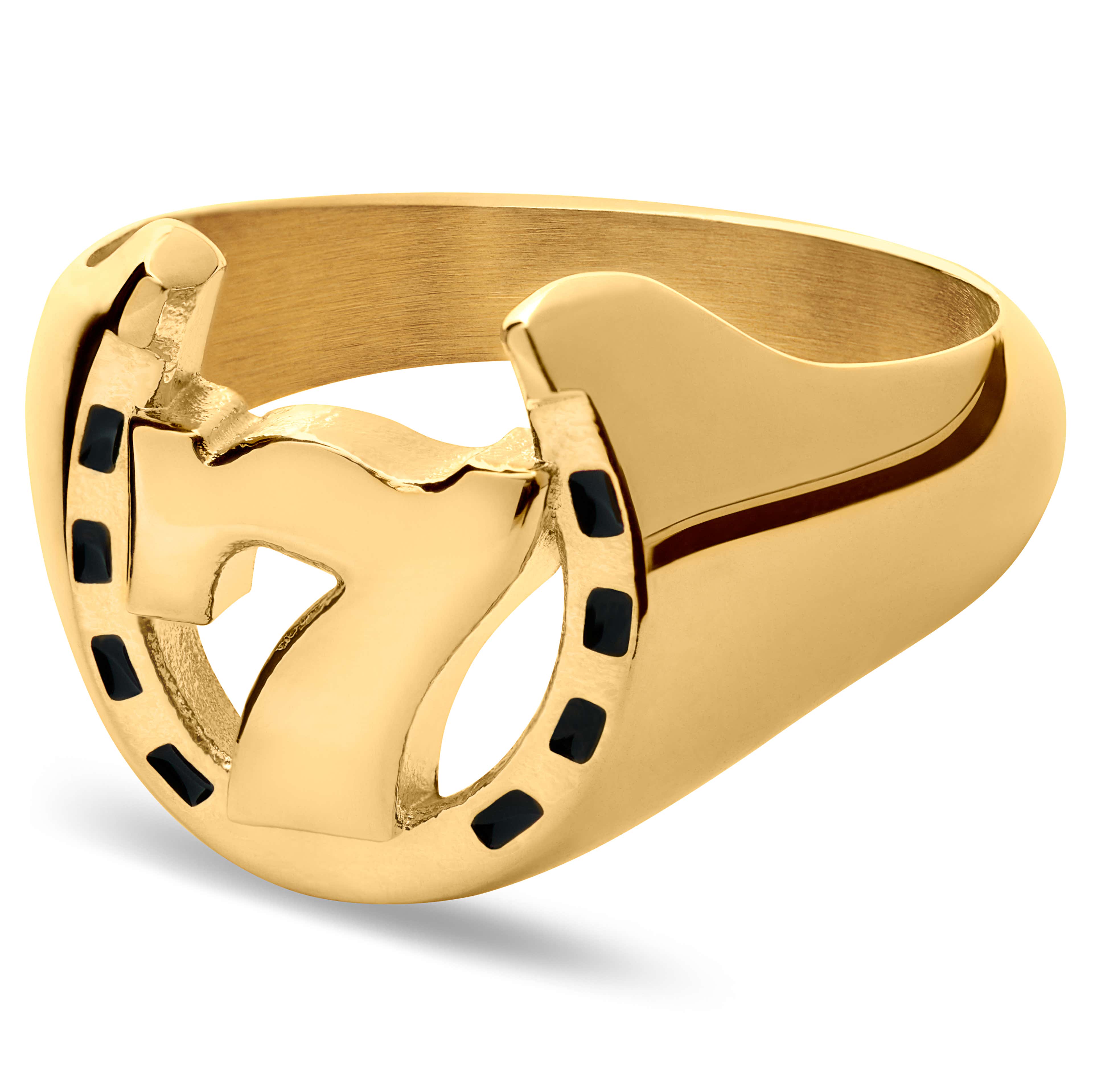 Ace | Pečatný prsteň v zlatej farbe so šťastnou 7 a podkovou