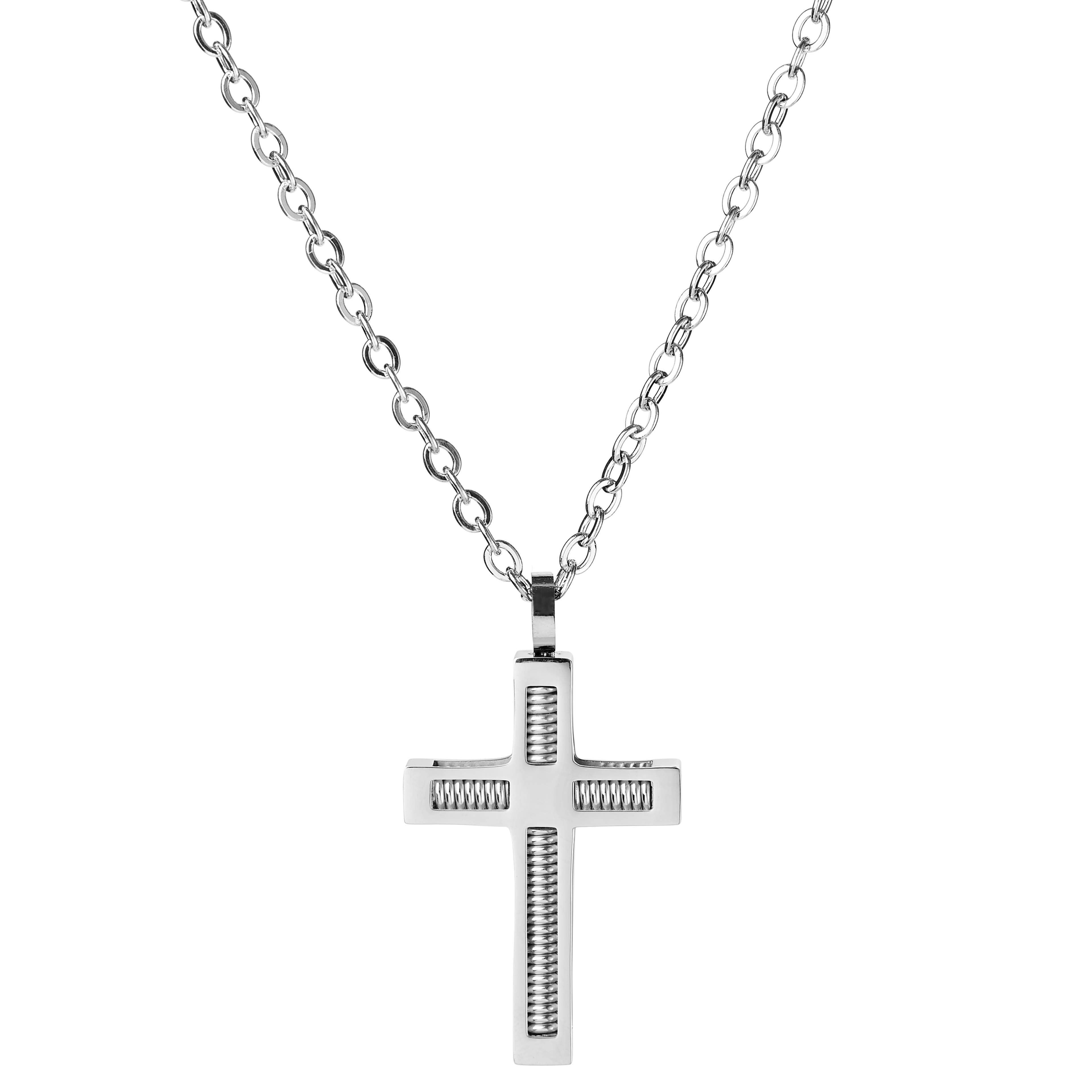 Silver-Tone Stainless Steel With Coiled Cross Box Chain Necklace