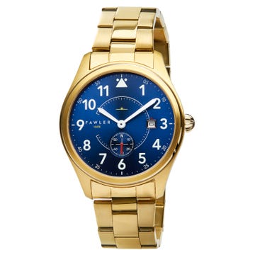 Aviator | Gold-Tone Stainless Steel Aviator Watch With Blue Dial, White Numbers & Arms