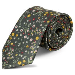 Boho | Forest Green, Red & Yellow Floral Pattern Silk Tie