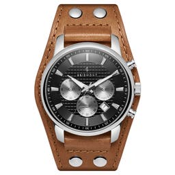 Iphios | Black and Brown Leather Cuff Stainless Steel Chronograph Watch
