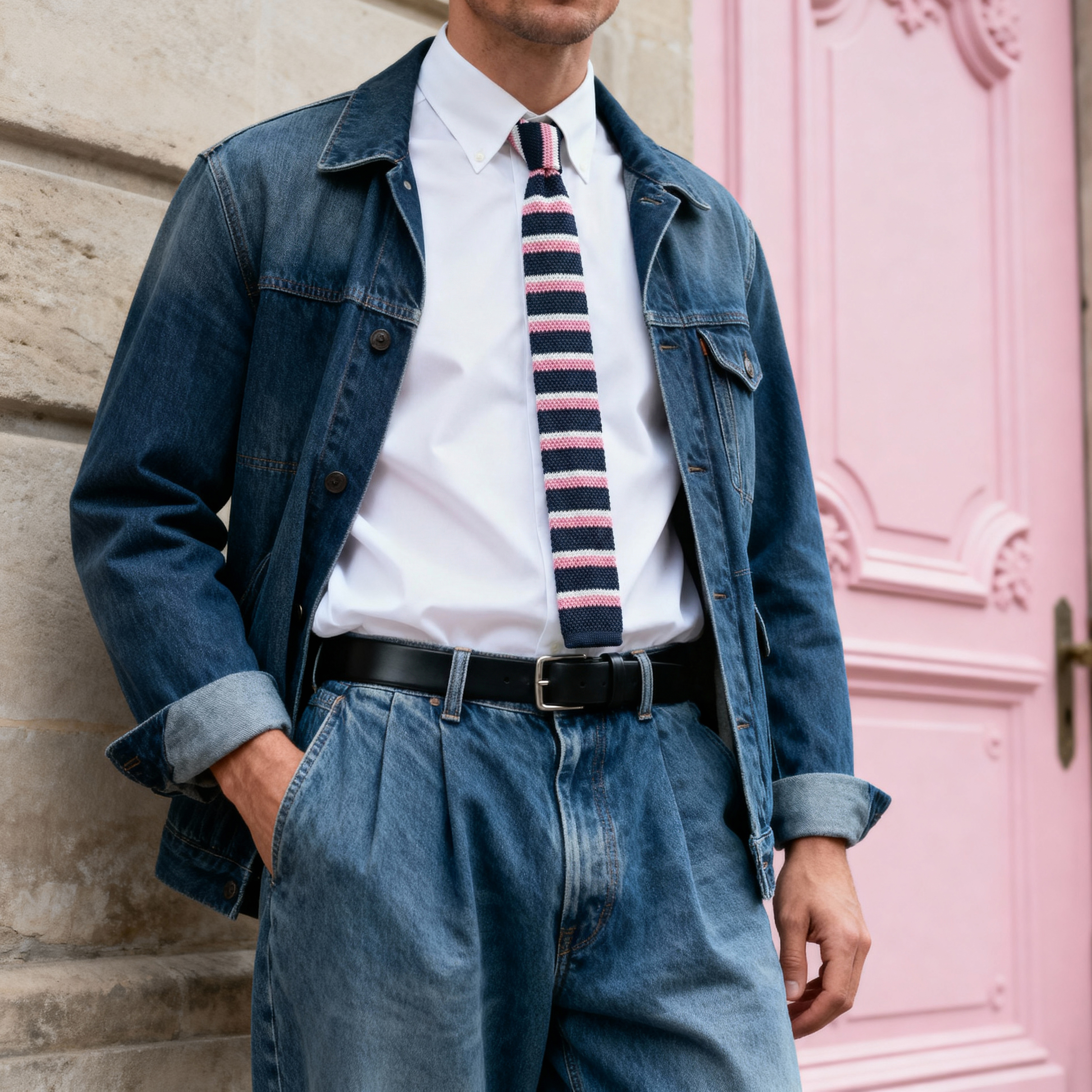 Roze & blauw gebreide stropdas - 2