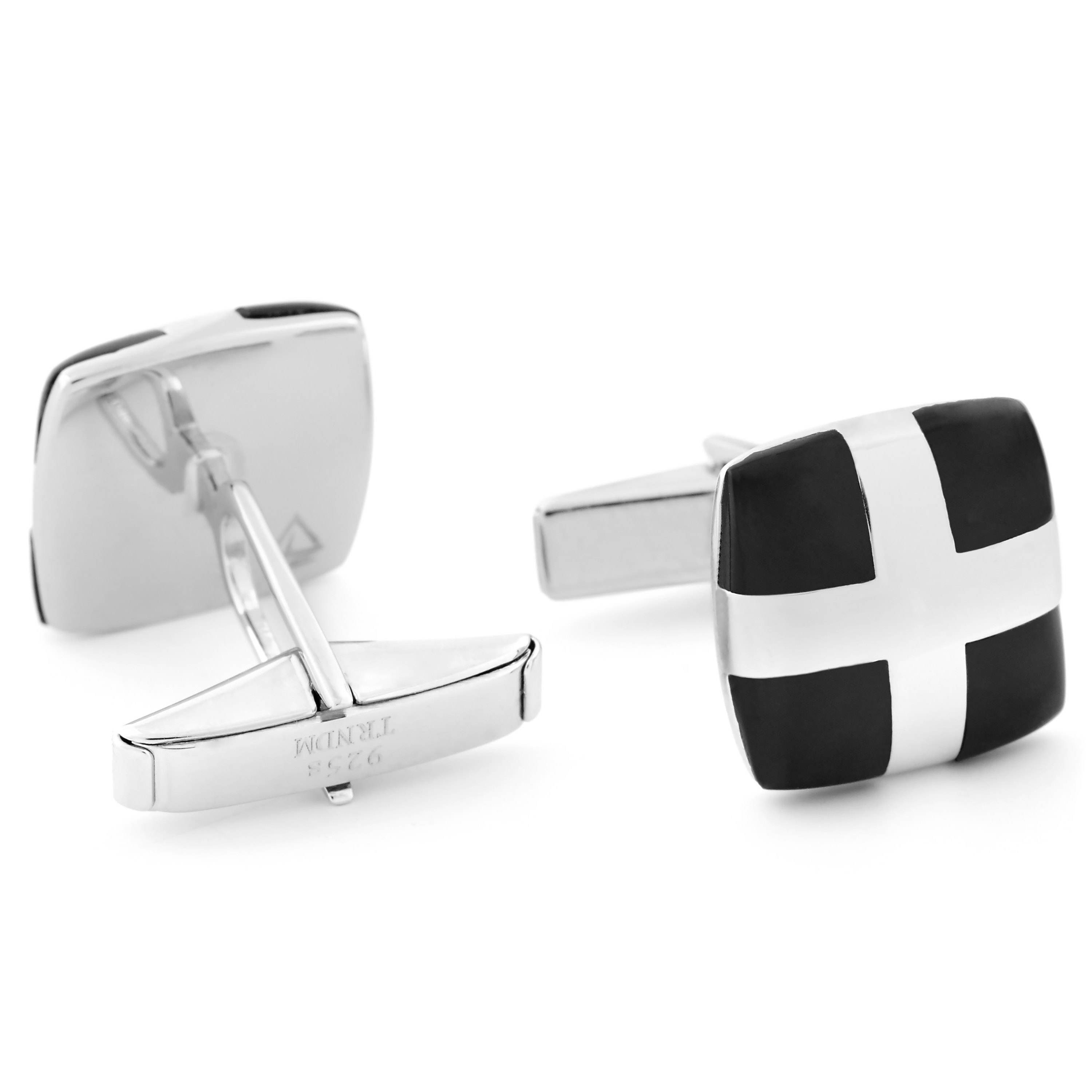 925er Silber Manschettenknöpfe Mit Schwarzem Karo Muster - 2