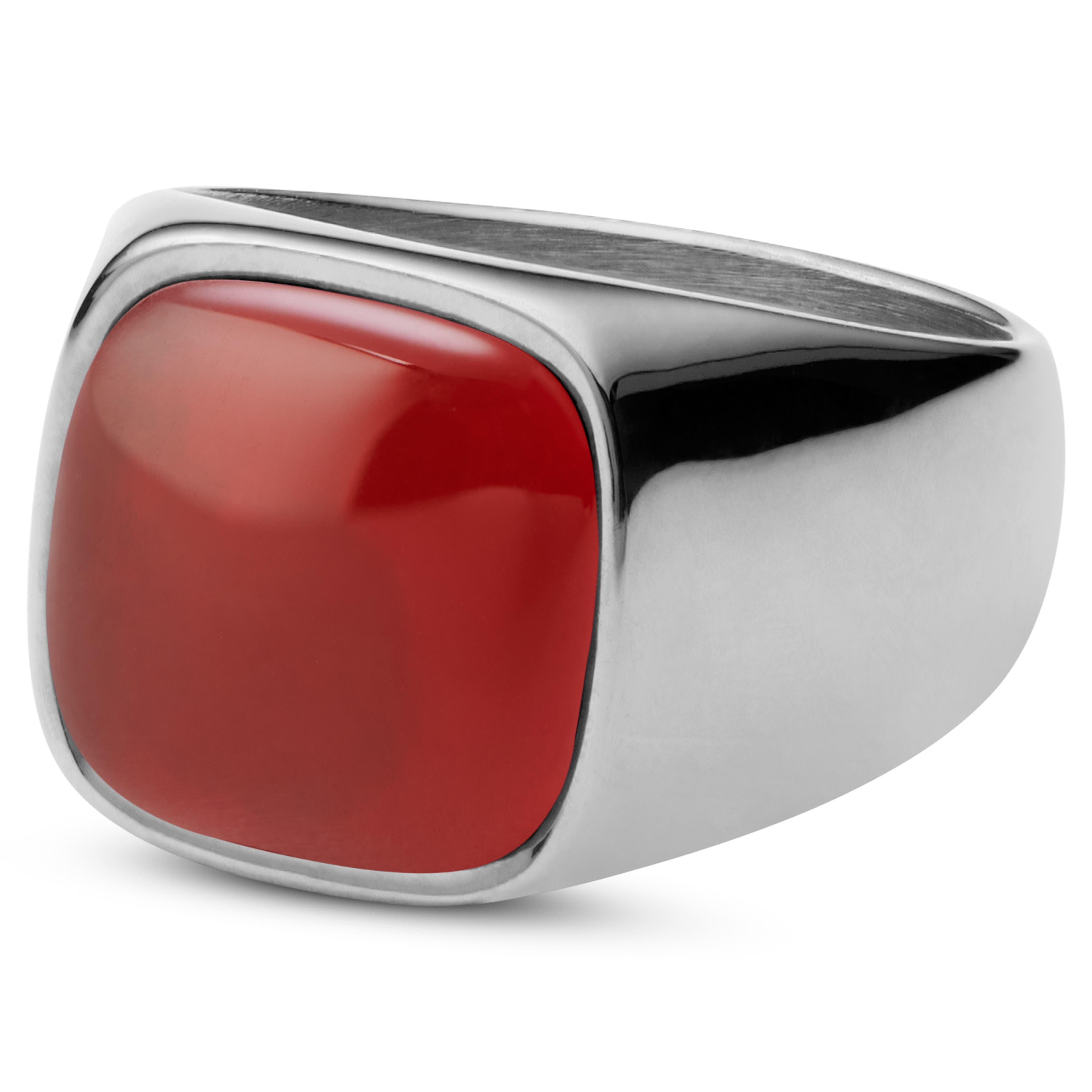 Gravel | Silver-Tone Stainless Steel &  Red Onyx Signet Ring