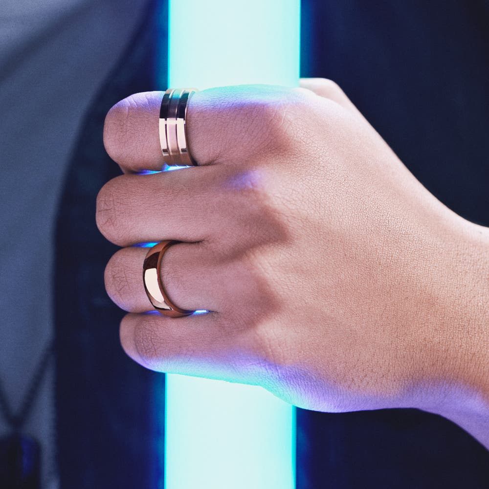 hover: Ferrum | 8 mm Flat Rose Gold-tone Polished & Brushed Stainless Steel Double-grooved Ring hover: Ferrum | 8 mm Flat Rose Gold-tone Polished & Brushed Stainless Steel Double-grooved Ring