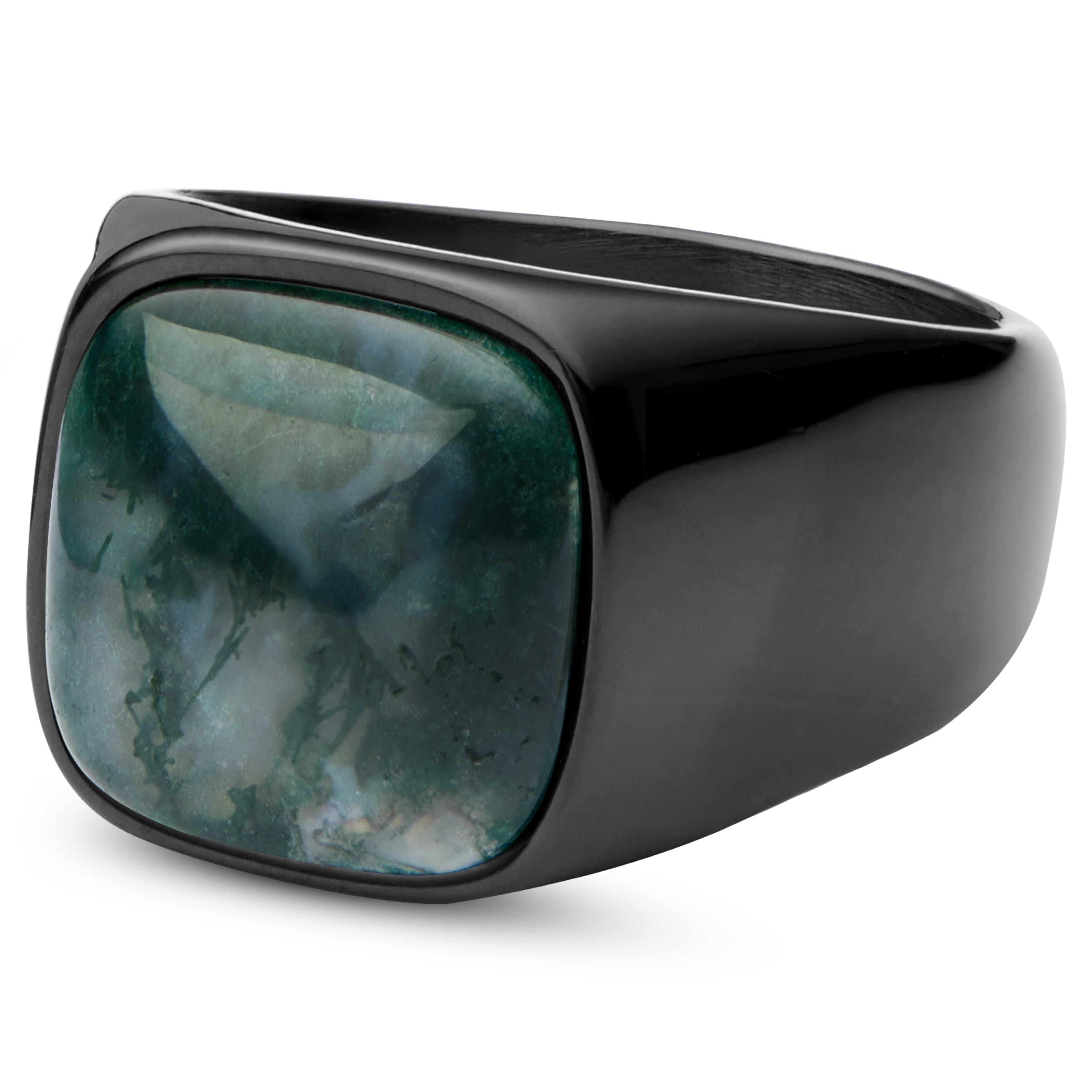 Aras | Black Stainless Steel Moss Agate Pinky Signet Ring