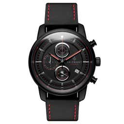 Parva | Black Chronograph Watch With Black & Red Dial & Black Leather Strap