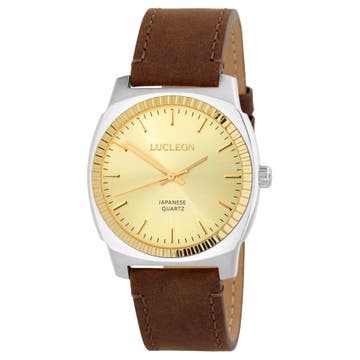 Major | Silver-Tone Minimalist Watch With Gold-Tone Dial & Brown Leather Strap