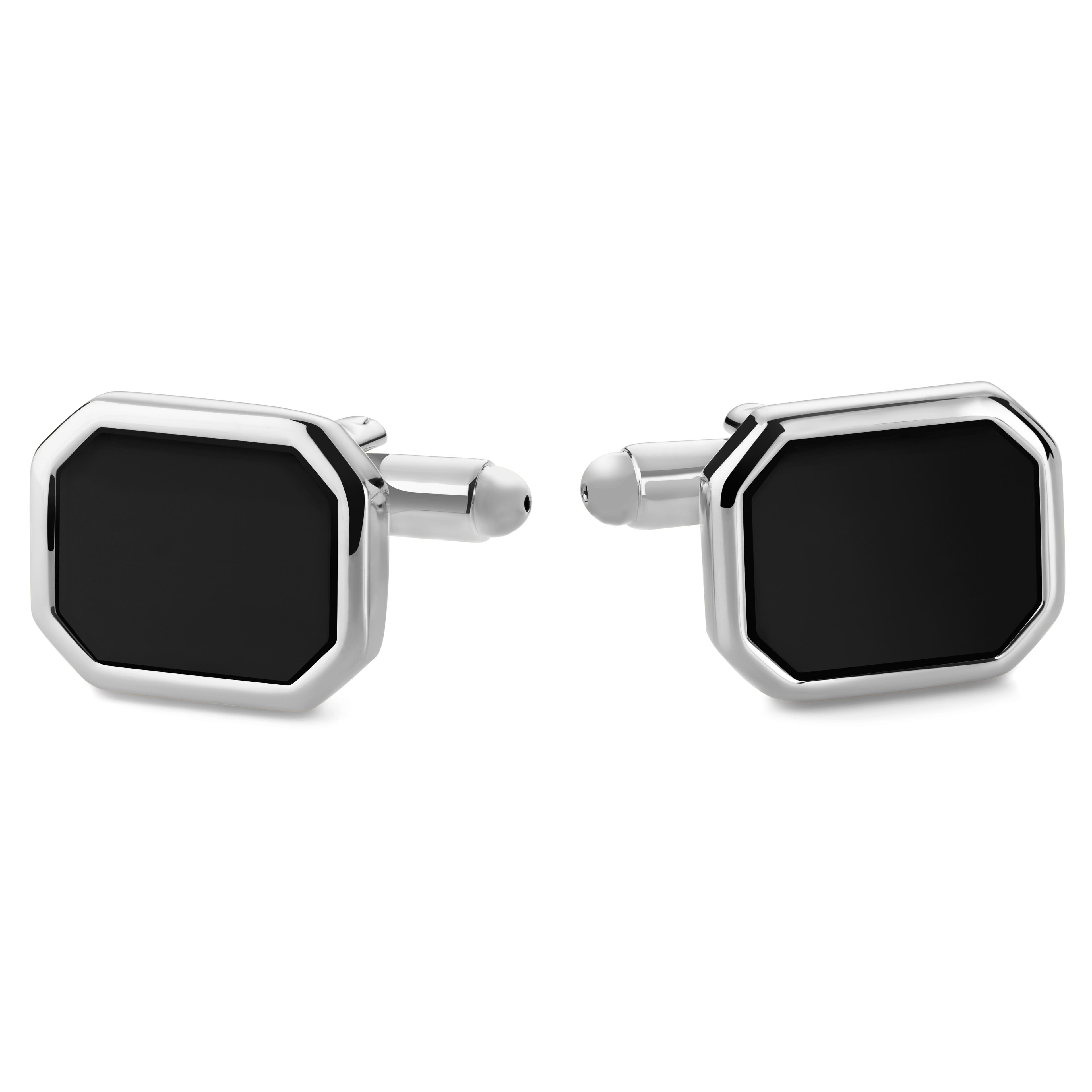 Octagonal Silver-Tone Cufflinks with Onyx Inlay Octagonal Silver-Tone Cufflinks with Onyx Inlay