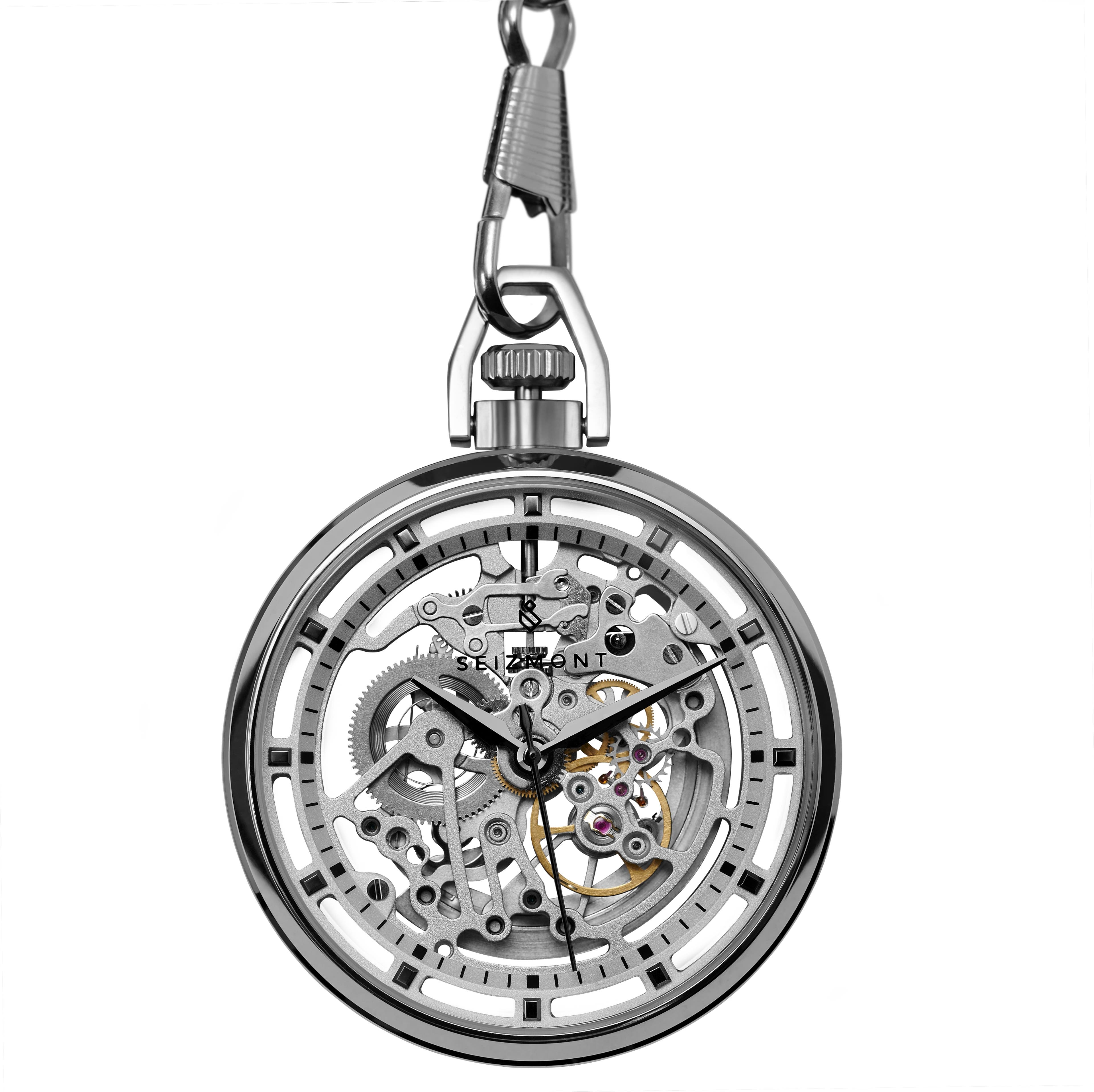 Agito | Silver-Tone Stainless Steel Skeleton Pocket Watch