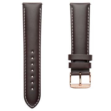  Bracelet de montre en cuir brun avec surpiqûres blanches et boucle or rose -  22 mm
