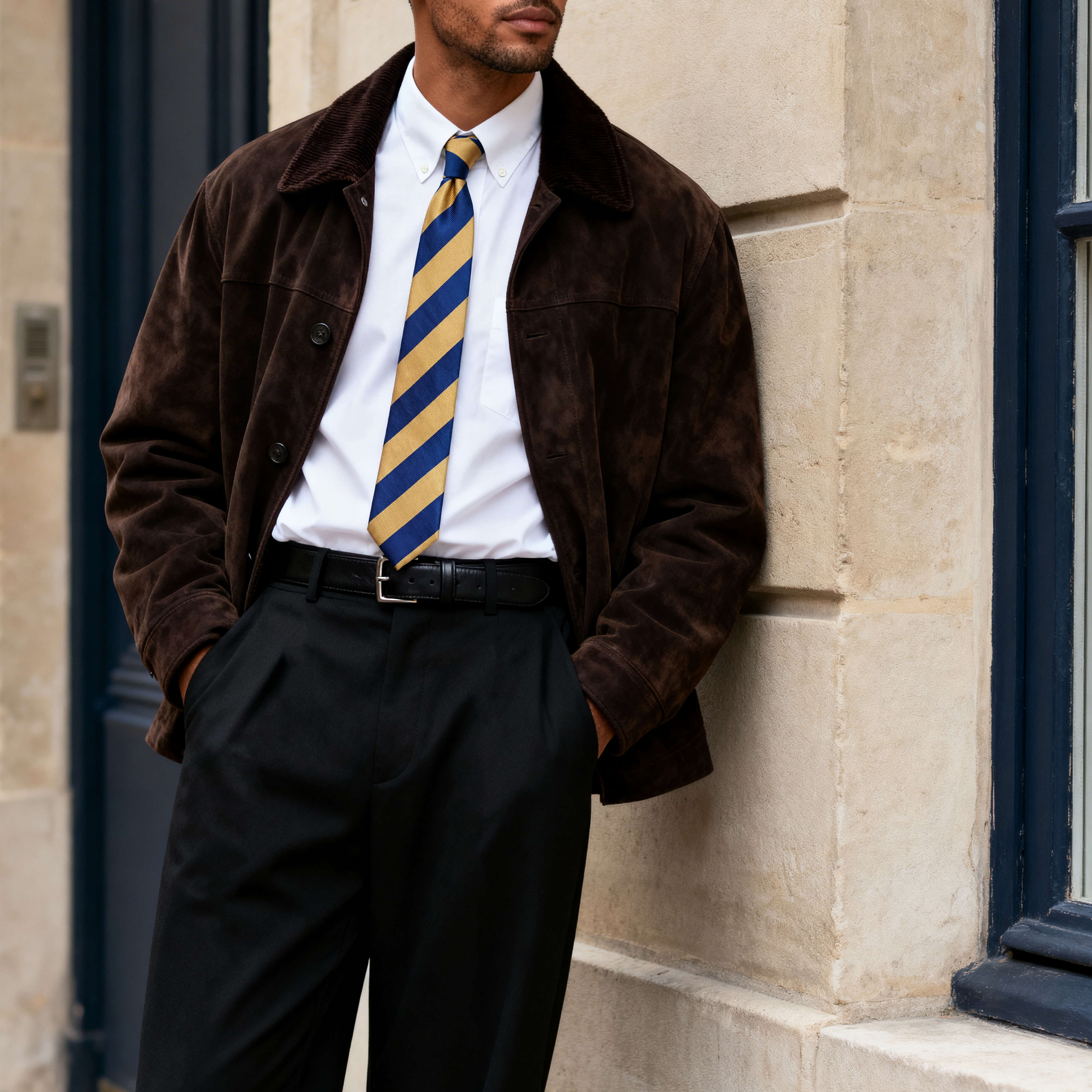 Arany-tengerészkék csíkos selyem nyakkendő - 8 cm - 3