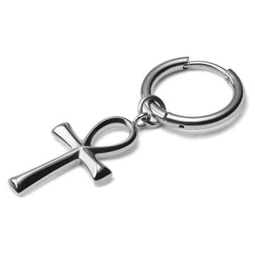 Silver-Tone Titanium Drop Hoop Earring With Ankh Charm Silver-Tone Titanium Drop Hoop Earring With Ankh Charm