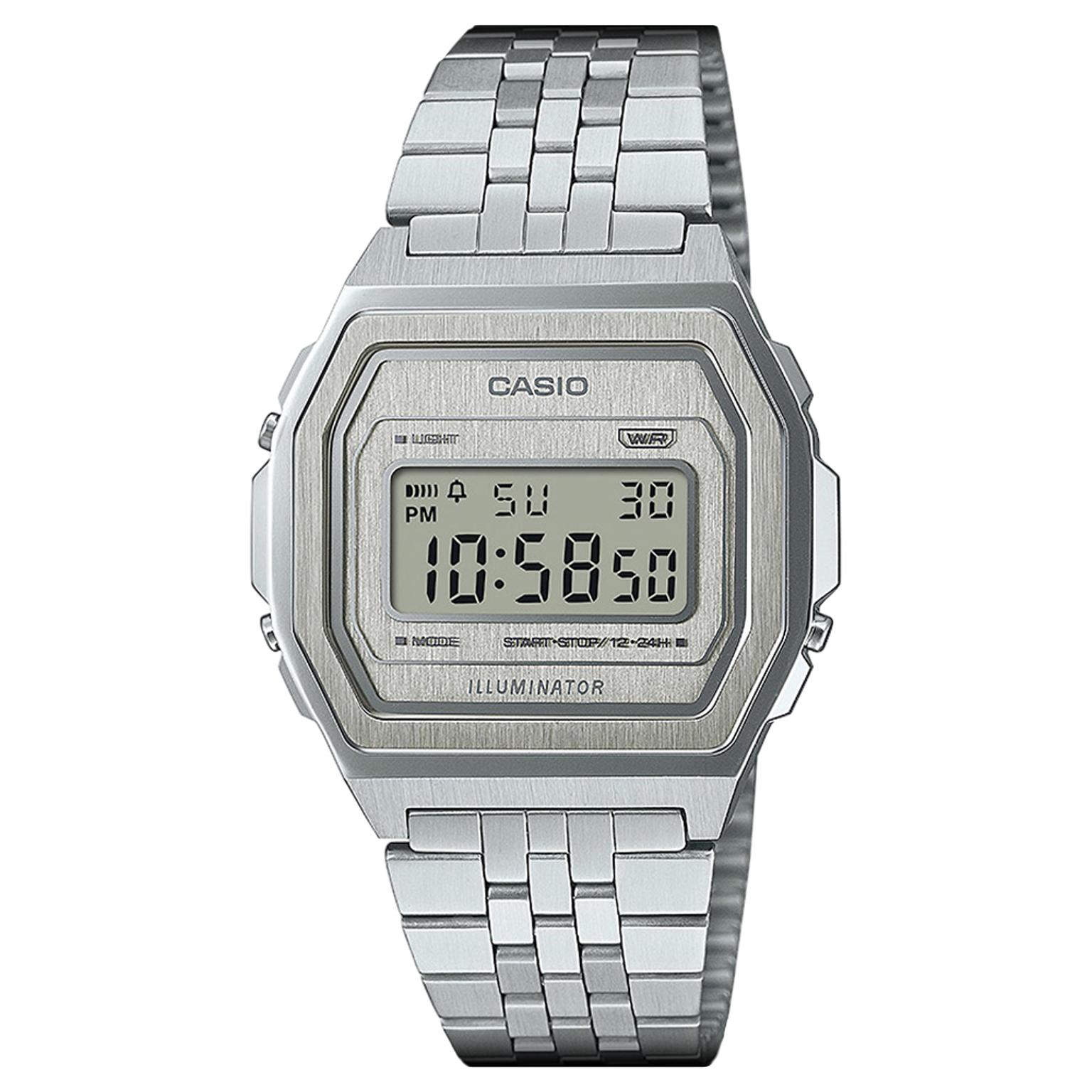 Montre numérique Casio Vintage A1000A-7EF en acier inoxydable argenté Montre numérique Casio Vintage A1000A-7EF en acier inoxydable argenté