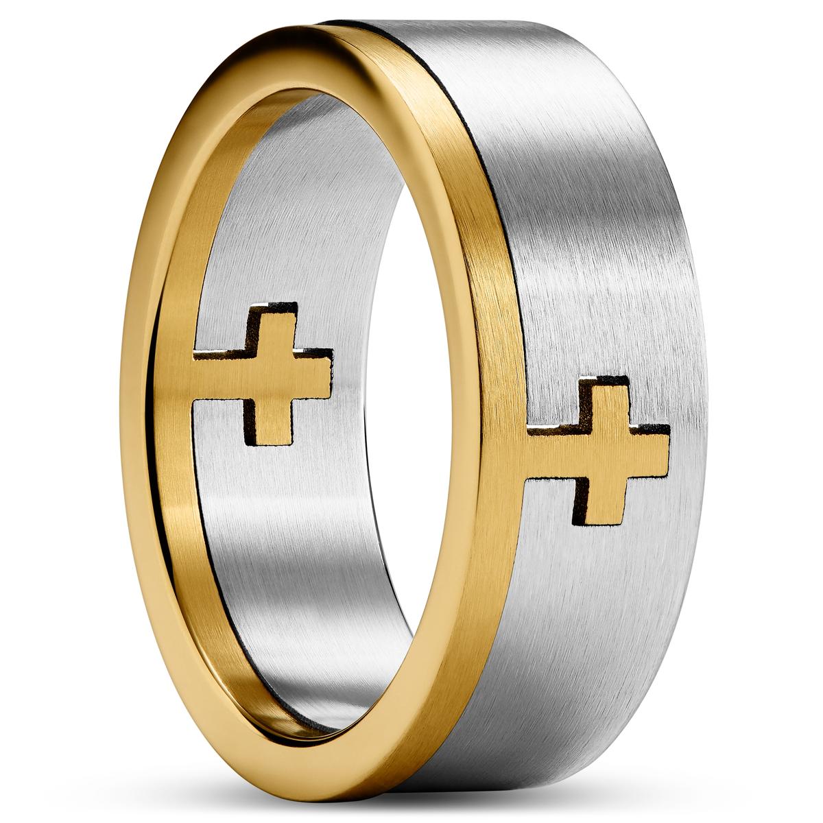 Two-Tone Stainless Steel Men's Ring With Lord's Prayer & Cross - Spinning Fidget Ring Sizes 7-13 (8mm Width)