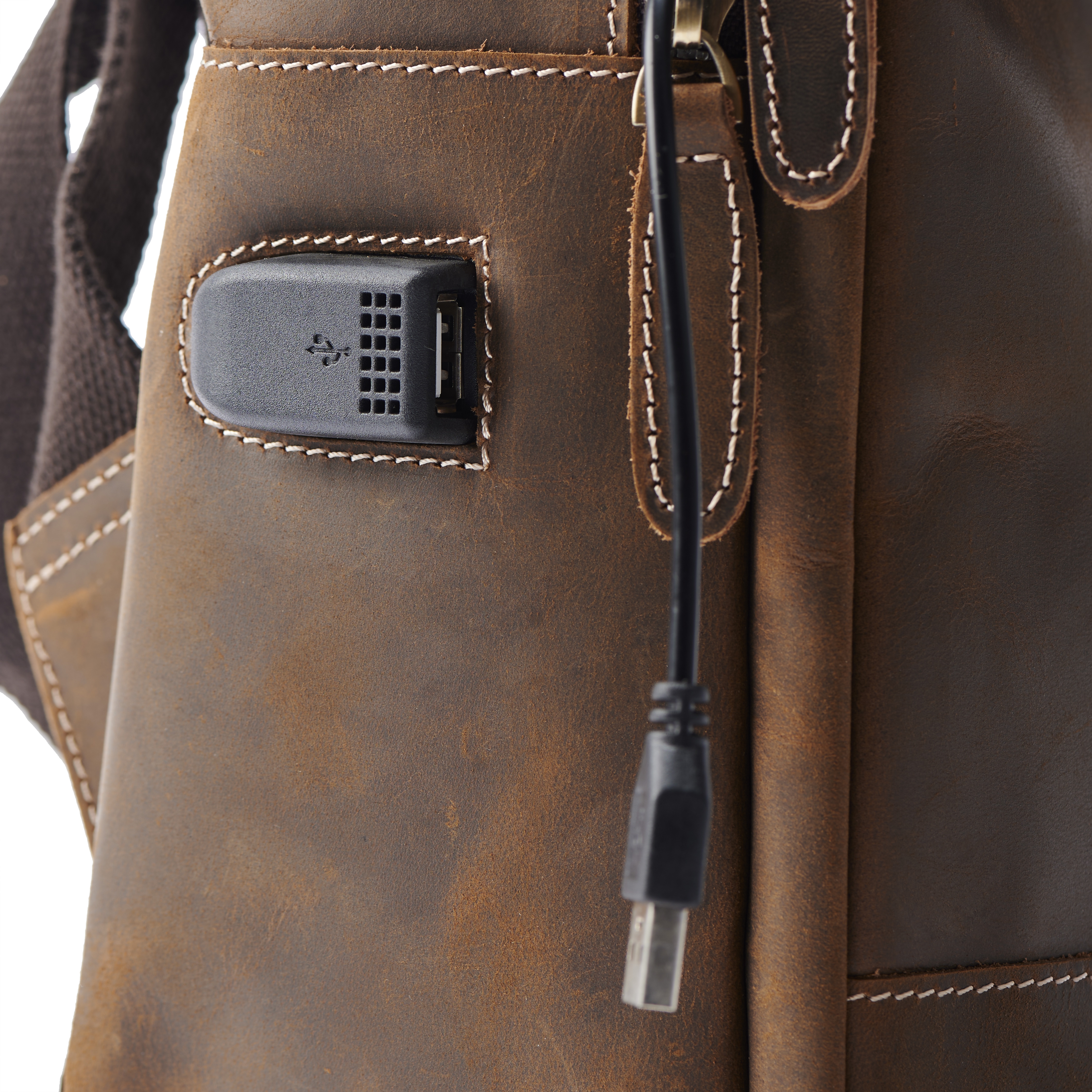 Καφέ Vintage Δερμάτινο Laptop Backpack με Θύρα Φόρτισης - 11