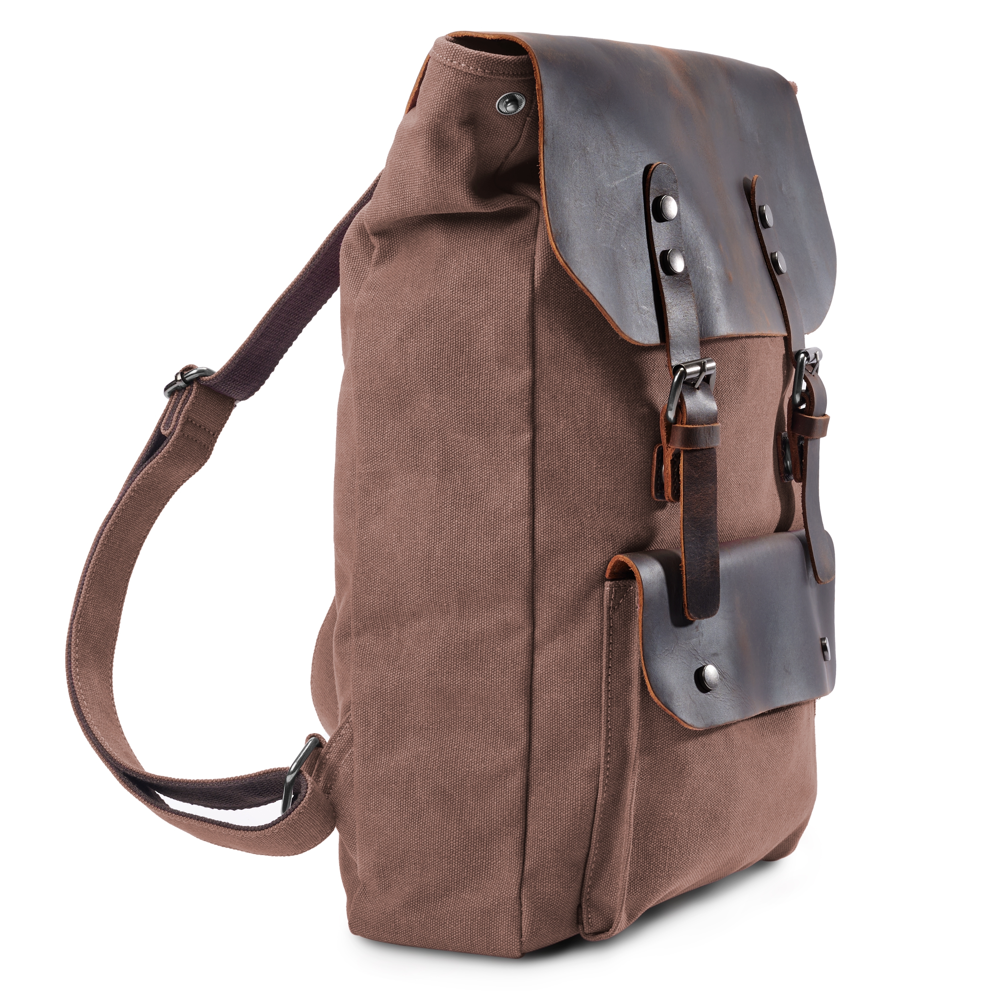 Vintage-Style Light Brown Leather & Canvas Backpack - 4