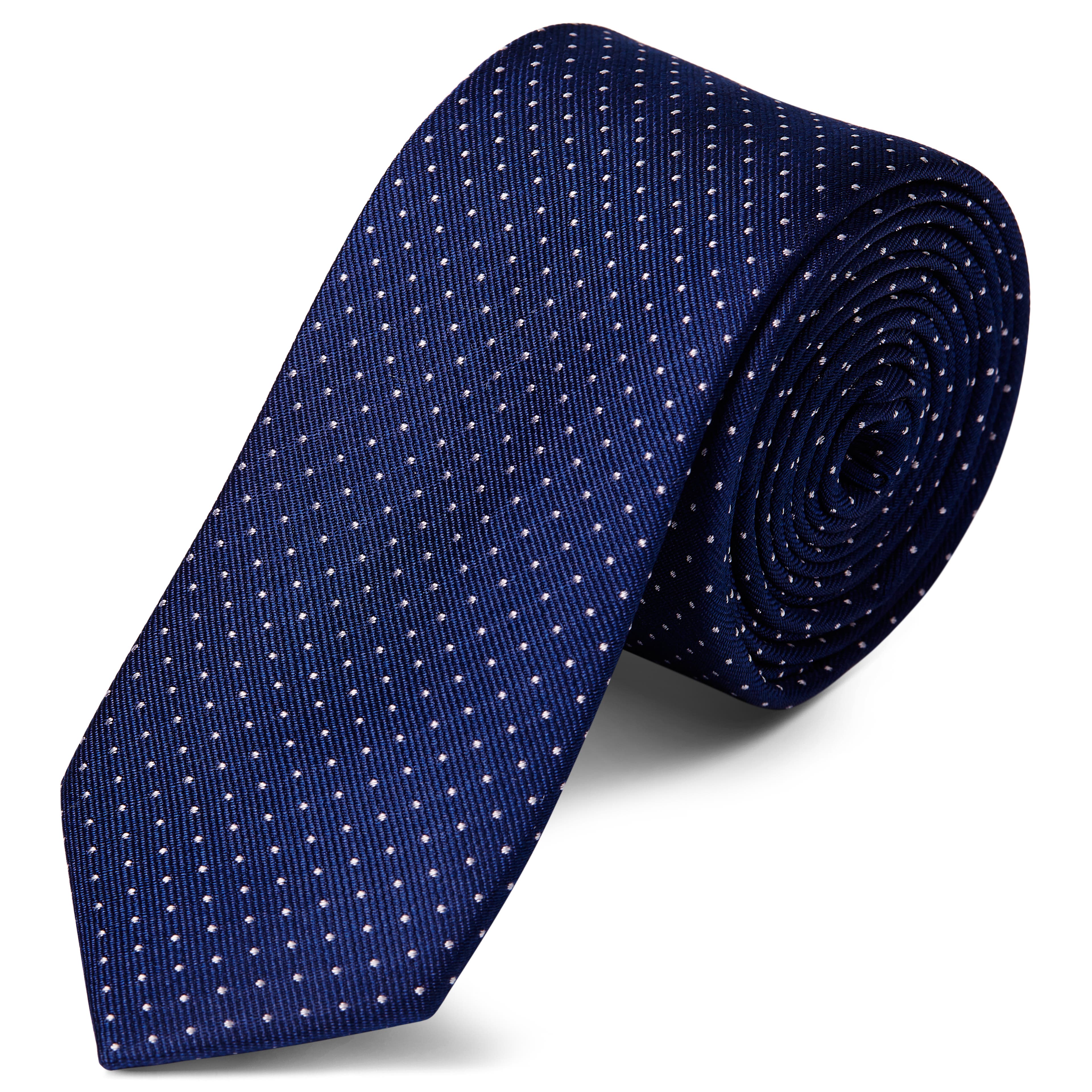 Tengerészkék selyem nyakkendő fehér pöttyös mintával - 6 cm