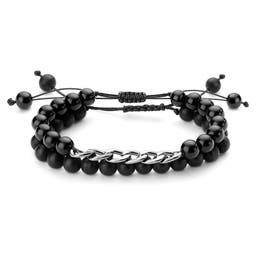 Black Onyx and Hematite Bead Bracelet Set with Chain Detail