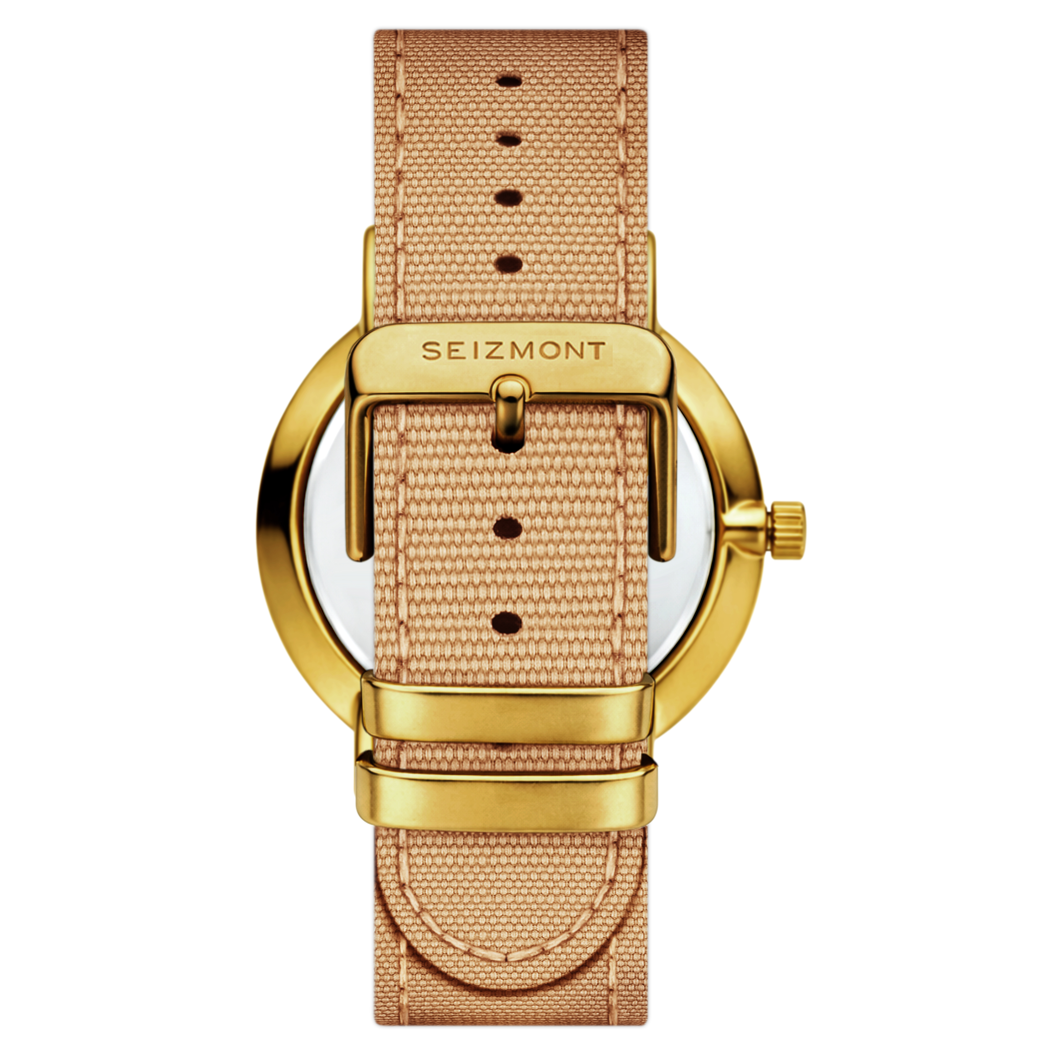 Moment | Χρυσαφί minimalist dress αναλογικό ρολόι quartz με σαμπανιζέ καντράν και μπες άμμου νάιλον λουράκι - 4